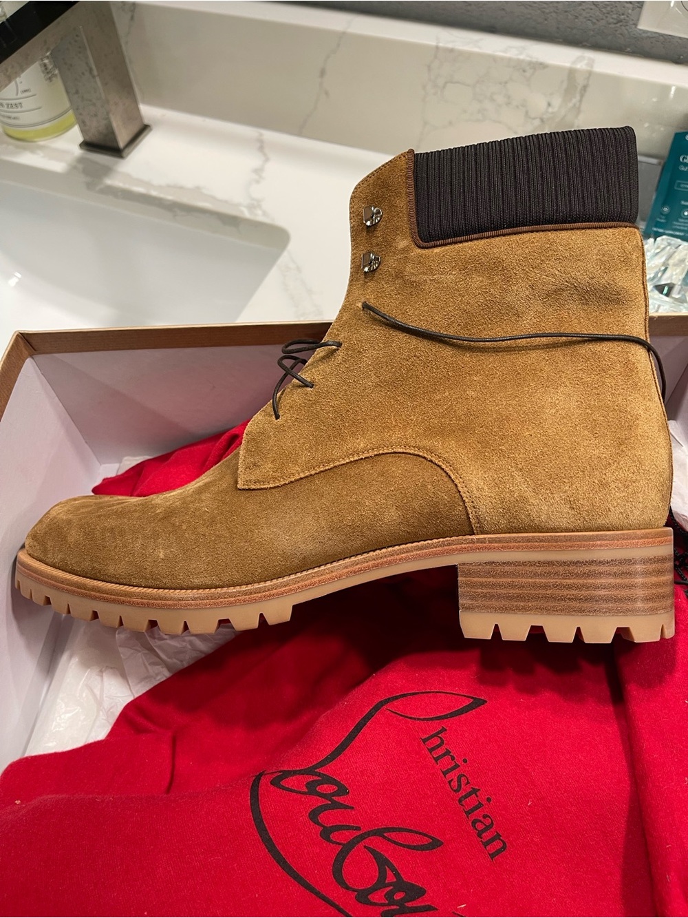 Christian Louboutin Suede Tan Lace-Up Ankle Boots with Ribbed Collar